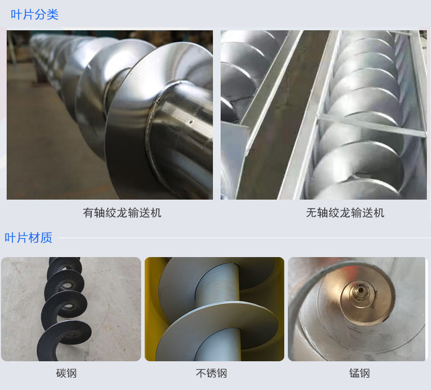 絞龍輸送機分為有軸和無軸絞龍輸送機,可根據物料不同選擇有碳鋼、不銹鋼、錳鋼等材質。
